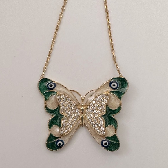 925 Silver green butterfly necklace evil eye eyes 18k yellow gold plated